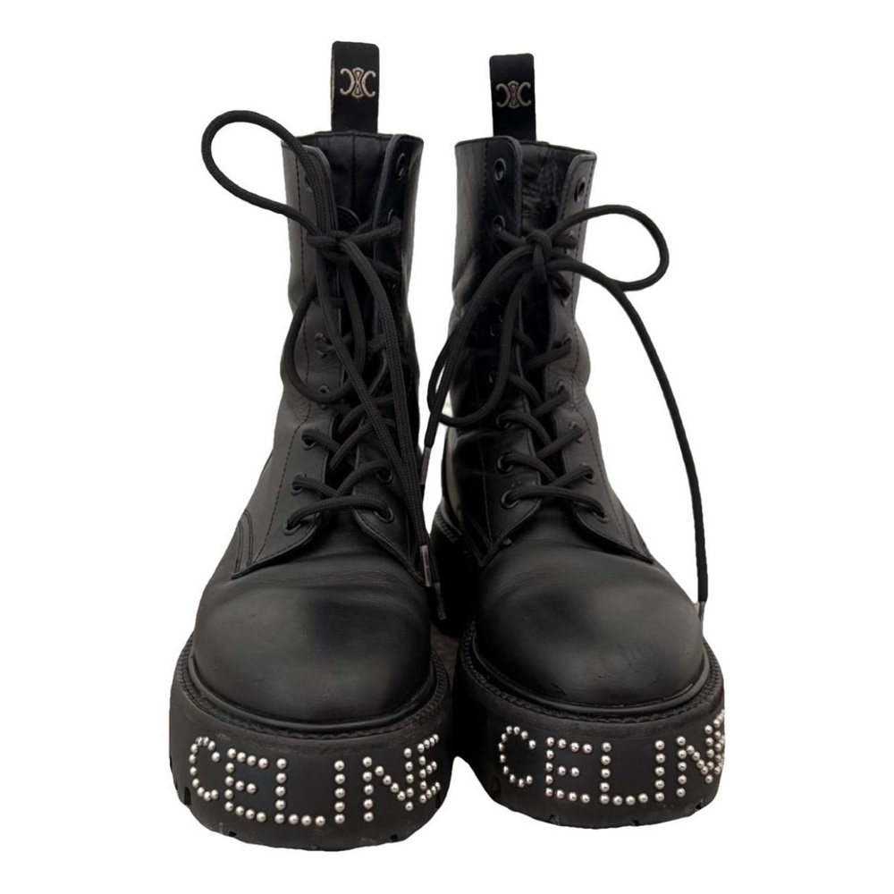 Celine Black Combat Moto Boots with Studded Platform